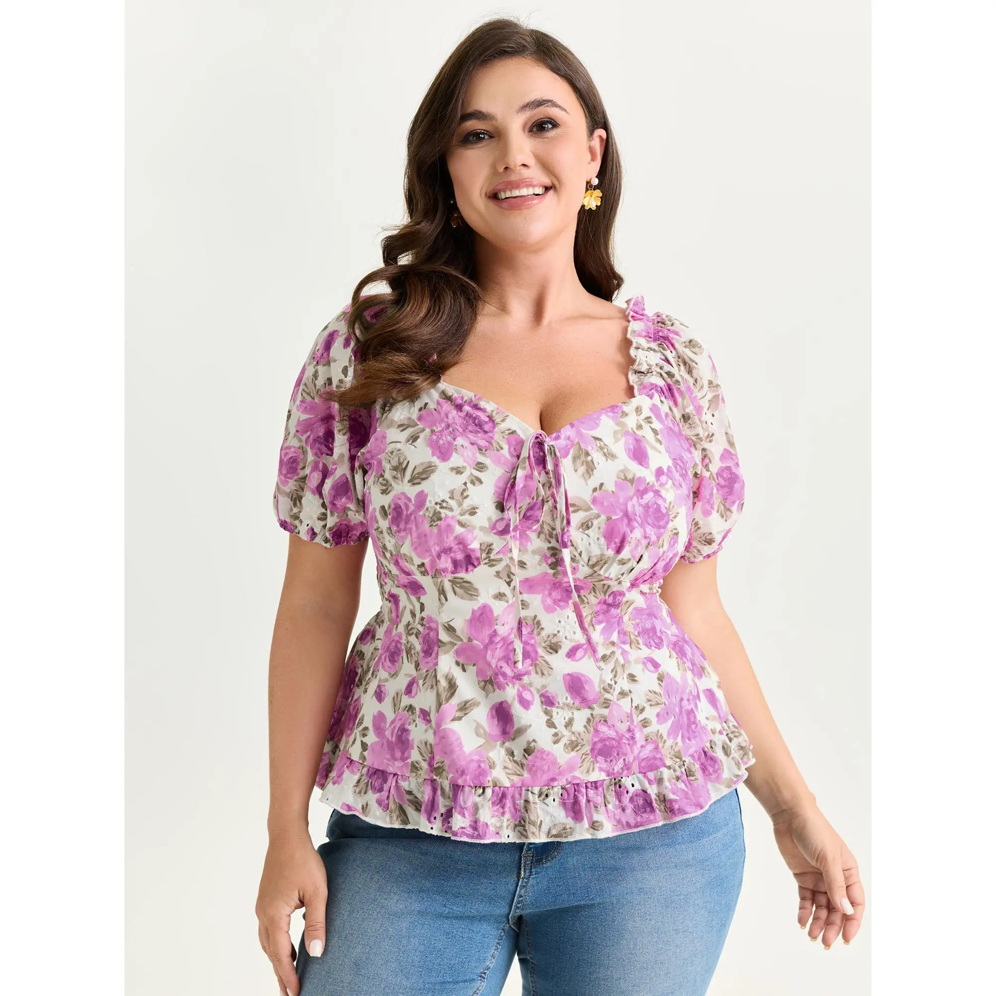 BloomChic Women's Plus Size Romantic Ditsy Floral Fitted Cropped Cotton Blouse with Short Lantern Sleeves & Shirred Bust, Polyester, Garment, Shirts, Tops, Fitted Blouse, Romance, Colorful Style, Cotton Shell, Croptop Cut, Chic Curves, 26/4X