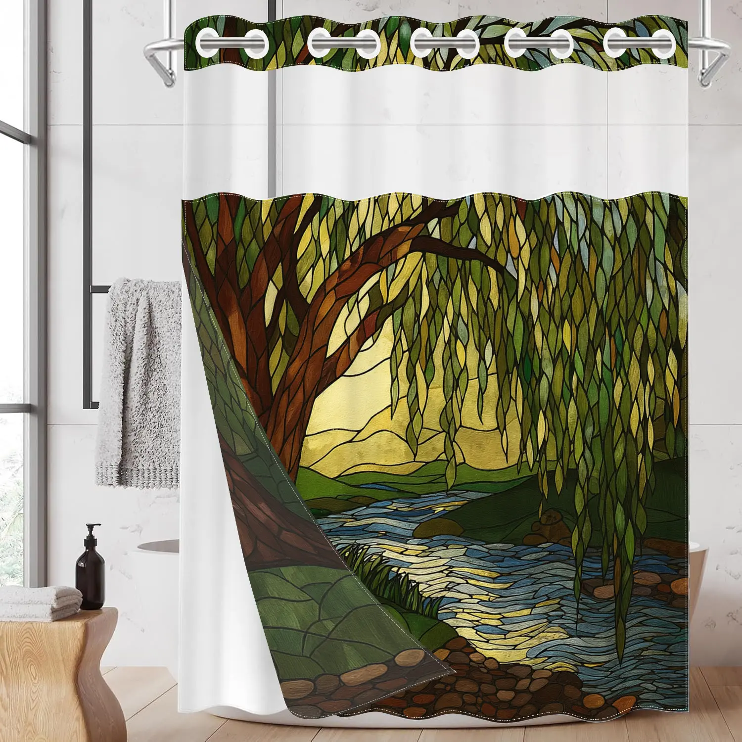 1 Pack No Hook Double Layer Shower Curtain, Stained Glass Style Willow Tree Print Bath Curtain, Machine Washable, Waterproof, Mildew Resistant, Durable Fabric, Vintage Art Bathroom Decor, Removable Liner, Top See-Through Window, Partition Curtain 71"×74"