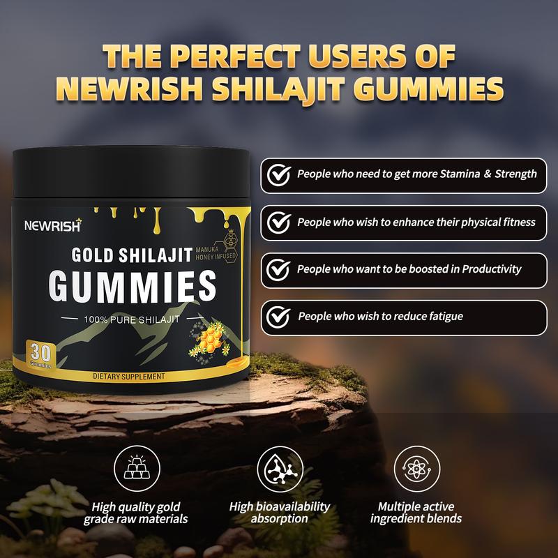 Newrish Pure Shilajit Gummies - Organic Manuka Honey - Boosts Energy and Stamina - Men's Supplement - Sports and Fitness - 30 Gummies - 100% Natural