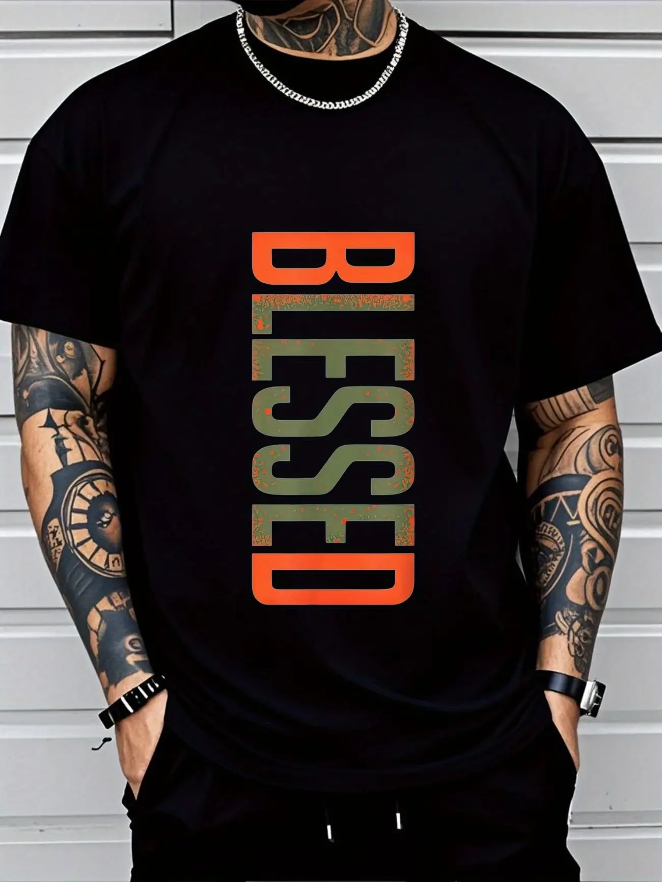 Men's BLESSED 3D Printed T-Shirt- Bold Geometric Letters, Breathable Comfortable Fit, Machine Washable Casual Short Sleeve Top, Casual Wear, Modern Casual Clothing,