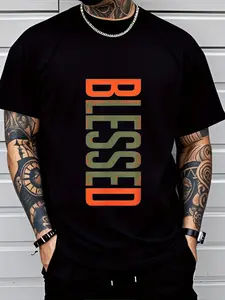 Men's BLESSED 3D Printed T-Shirt- Bold Geometric Letters, Breathable Comfortable Fit, Machine Washable Casual Short Sleeve Top, Casual Wear, Modern Casual Clothing,