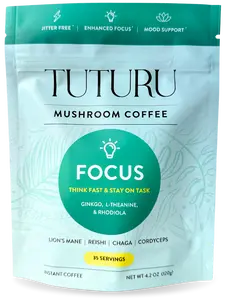 Tuturu FOCUS Mushroom Instant Coffee | Adaptogen Coffee with Lion's Mane, Chaga, Ginkgo, L-Theanine | Infused with 4 Adaptogens for Focus & Productivity | Jitter & Crash Free Energy | 30 Servings