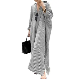 Women’s Striped Cotton Maxi Shirt Dress - Casual Long-Sleeve Button-Down Loose-Fit Sports Clothes, Ideal for Daily Wear, Travel, Pair with Bikini, Beach Kimono or Suit
