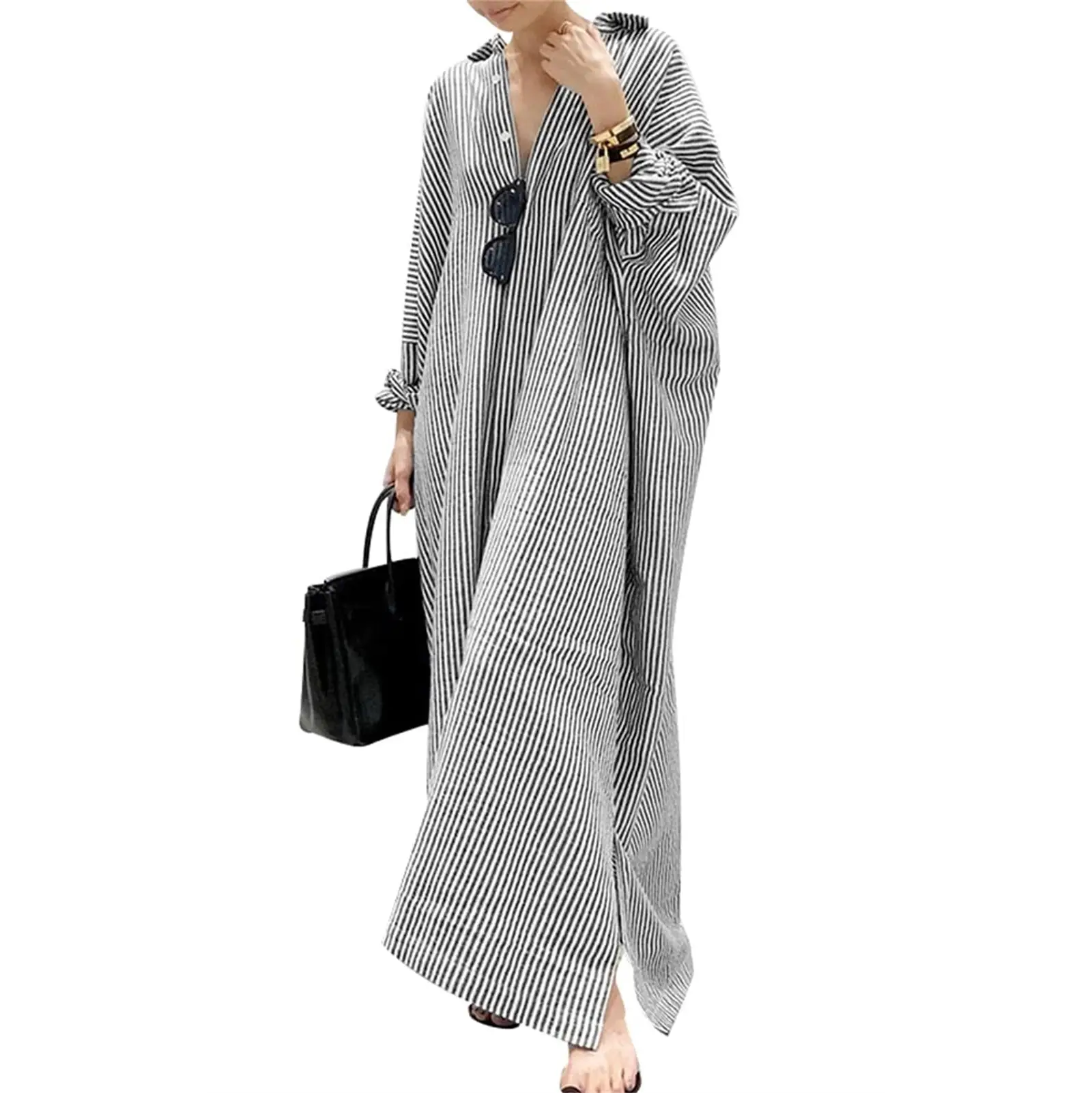 Chouyatou Women's Casual Long Sleeve Button Down Loose Striped Cotton Maxi Shirt Dress Grey Caftan Comfy Basic Batwing Sleeves Breathable Lightweight