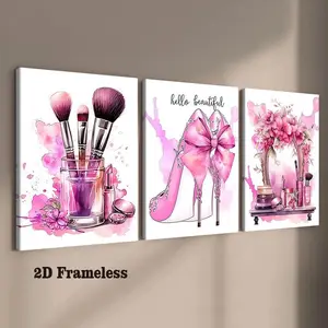 3-piece set of frameless canvas prints, pink-themed beauty and fashion art posters, Floral abstract design, girls' room posters, living room & hallway wall decor, high-definition, waterproof, art