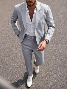 Men's Plain Slim Fit Blazer Set, Elegant Wedding Formal Wear, Long Sleeve Button Design, All-Season Suitable, Natural Waist Pants