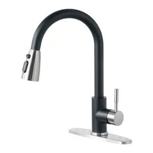 WOWOW High-Arc Stainless Steel Kitchen Faucet with Sprayer - Brushed Nickel and Black Finish, 1 or 3 Hole Sink Compatible, RV-Ready, Multiple Spray Modes