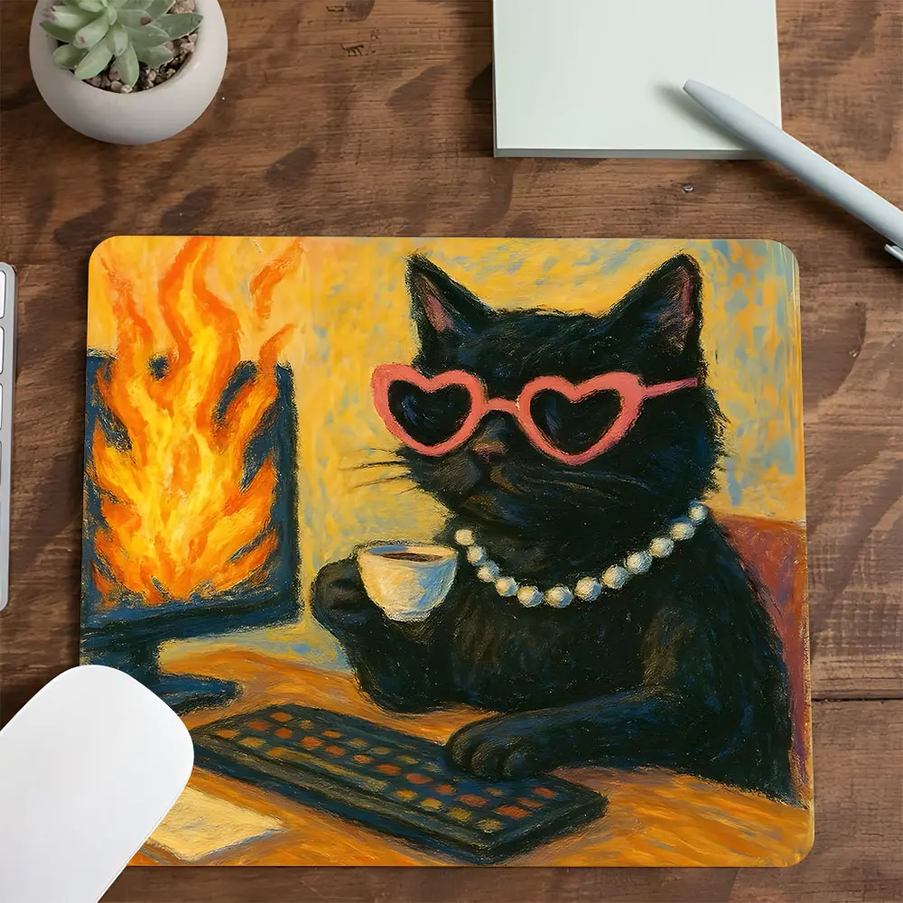 Funny chill black cat design square gaming mouse pad, Non slip mousepad, Desktop accessory, gaming room accessories, desk mat suitable for work, gamer, desktop decorative protective pad, rubber anti-slip lockedge work pad, Computer Mouse Pad