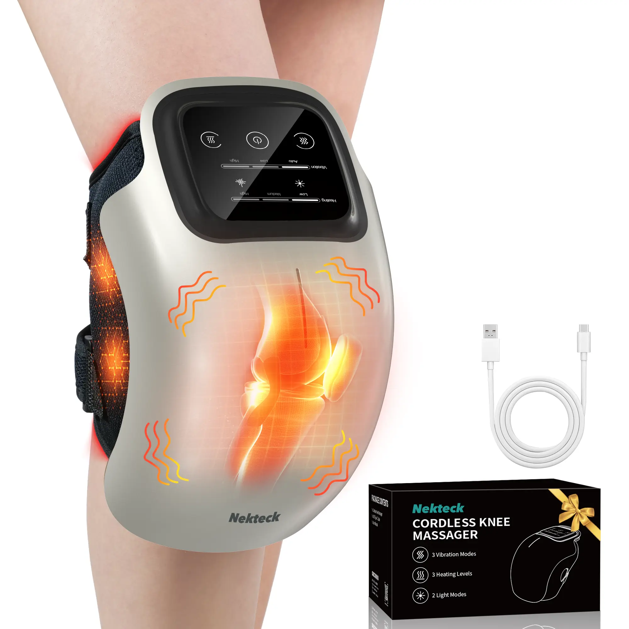 Nekteck Knee Massager, Cordless Knee Massage for Pain Relief with 3 Heating Levels & Vibration Modes, Smart Knee Massage with Heat, Gentle Lights, FSA Eligible Ideal Gifts for Men Women Him Her
