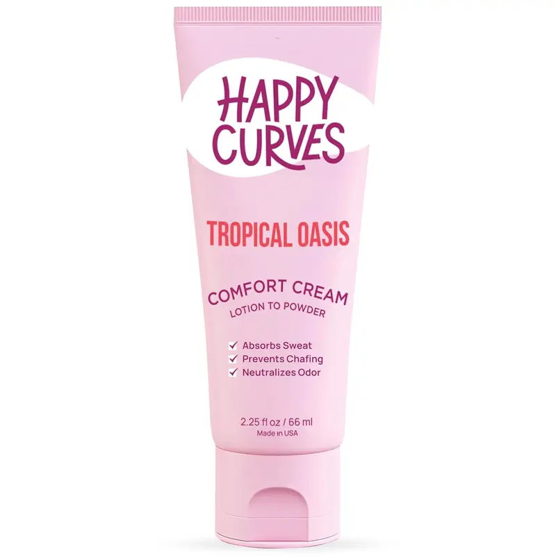 HAPPY CURVES Lotion to Powder Anti Chafing Odor Control Cream for Women: Aluminum-Free Cream for Private Parts, Under Breast, & Body 2.25 Fl Oz (1 Pack, Tropical Oasis)