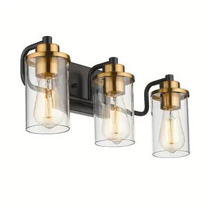 2024 Bathroom Vanity Light, 3-Light Vanity Lighting Fixture, Black and Gold Farmhouse Modern Wall Lamp, Metal Wall Sconce with Clear Glass Shade (Bulbs NOT included)
