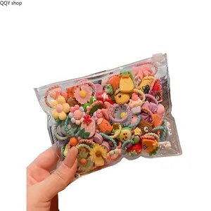 50Pcs Random Color Cute Kids Hair Bands Set, Floral Fruit Printed Elastic Hair Ties, Aesthetic Girls Hair Accessories, Soft Stretch Rubber Ponytail Holders, Ideal Daily Hair Decoration and Holiday Birthday Gifts