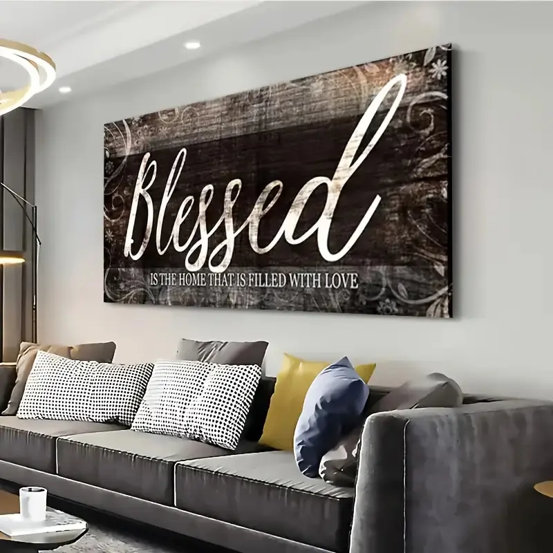 Christian Religious Framed Canvas Wall Art Print - 1-Piece 2D Flat Home Decor, Elegant Cursive "Blessed" Scripture, Rustic Farmhouse Wood Frame, Fade-Resistant, Ready-to-Hang, Traditional Asian Military-Themed Pick for Labor Day, 4th of July