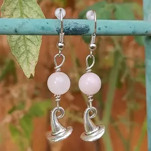 Silver Wire Wrapped Rose Quartz Crystal Witch Hat Earrings