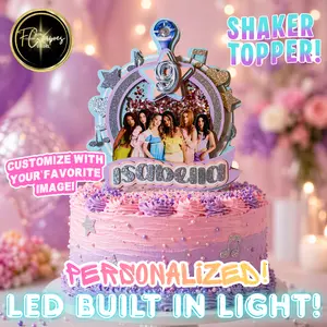 Personalized Cat's Eye Shaker Cake Topper - LED Lights, Custom Image, Custom Name & Age, Girl Pop Band Party Decoration