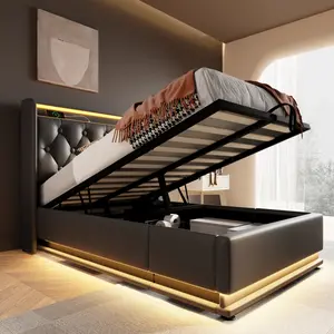 Twin Size Upholstered LED Bed with Storage, Pu Leather Platform Bed Frame with 360 surround LED function, Buttons/Apps/Remote Control, hydraulic storage bed with USB Type-C charging, Black (Without mattress)