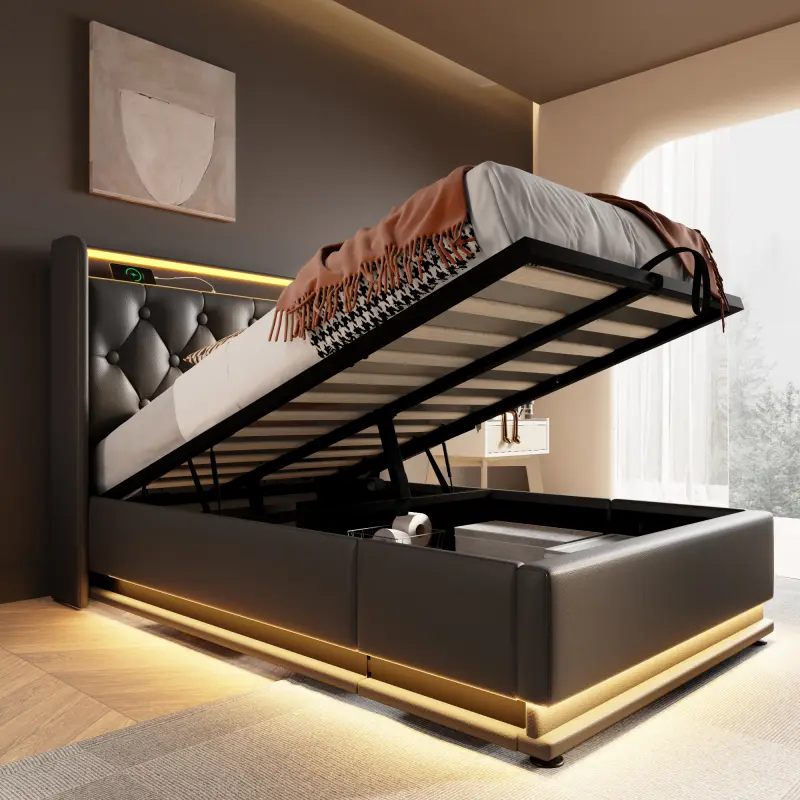 Twin Size Upholstered LED Bed with Storage, Pu Leather Platform Bed Frame with 360 surround LED function, Buttons/Apps/Remote Control, hydraulic storage bed with USB Type-C charging, Black (Without mattress)