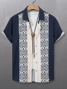 Men's Geometric Print Curved Hem Shirt, Loose Short Sleeve Button Up Top for Business Daily Wear, Menswear for Summer, Tropical, Casual Trendy Shirt