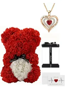 Eternal Flower Rose Bear Necklace, Valentine's Day Birthday Gift, Creative Stall Floral Shop Gift, Girlfriend Best Friend Fake Foam Bear