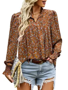 Womens Long Sleeve Tops Boho Floral Printed Blouses Casual V Neck Pleated Drawstring Peasant Shirts