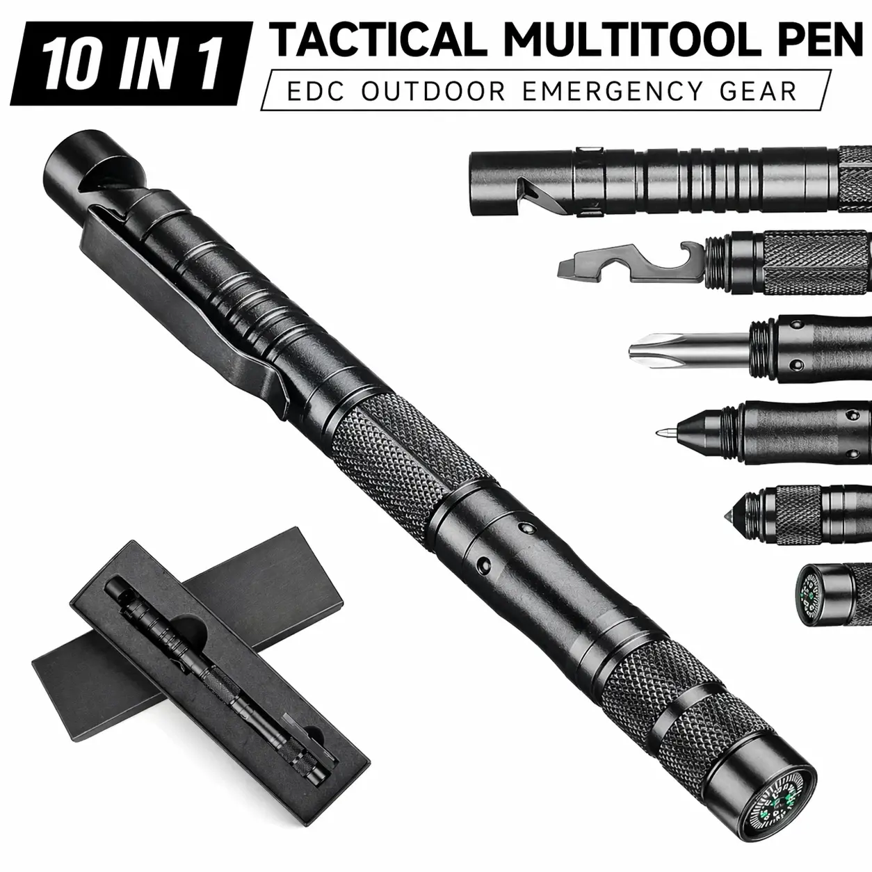 10-in-1 Tactical Multitool Pen – Adventure, Emergency Rescue, Everyday Carry, Outdoor Adventure, Portable Multi-Tool with Ballpoint Pen, Glass Breaker, Screwdriver, Compass for Camping, Hiking, Survival, Adventure Multitools, Emergency Rescue Multitools