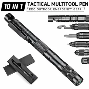 10 in 1 Tactical Multitool Pen EDC Outdoor Emergency Gear with Ballpoint Pen Glass Breaker Screwdriver Compass for Camping Hiking Survival Daily Use outdoorfun