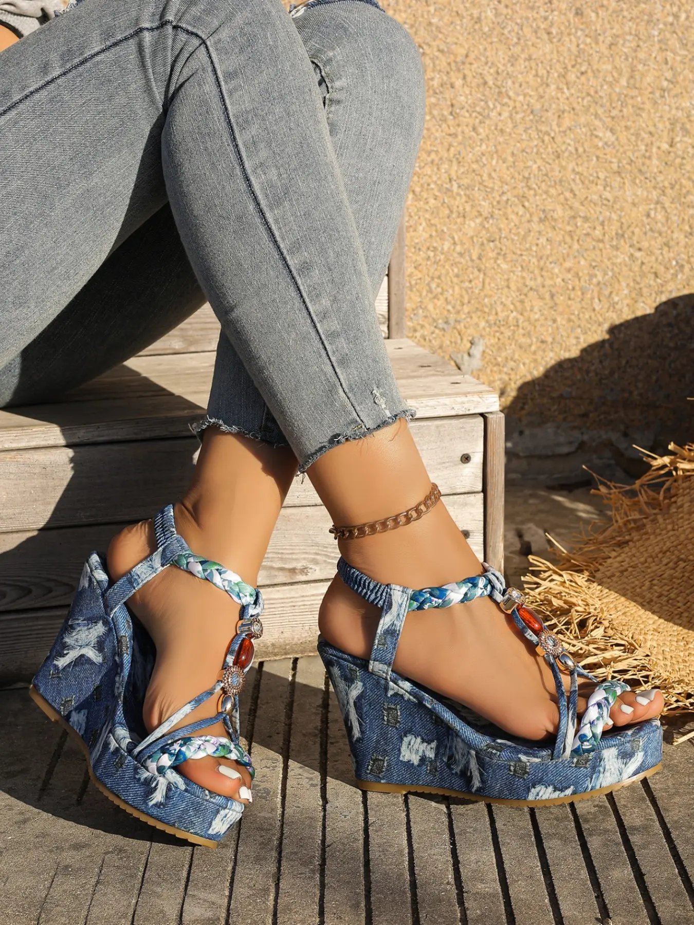 Boho Blue Braided Wedge Sandals for Women, Floral Beaded High Heel Thick Sole, Anti-Slip Rubber Bottom, Breathable Comfortable Shoes, Open Toe Platform Heels
