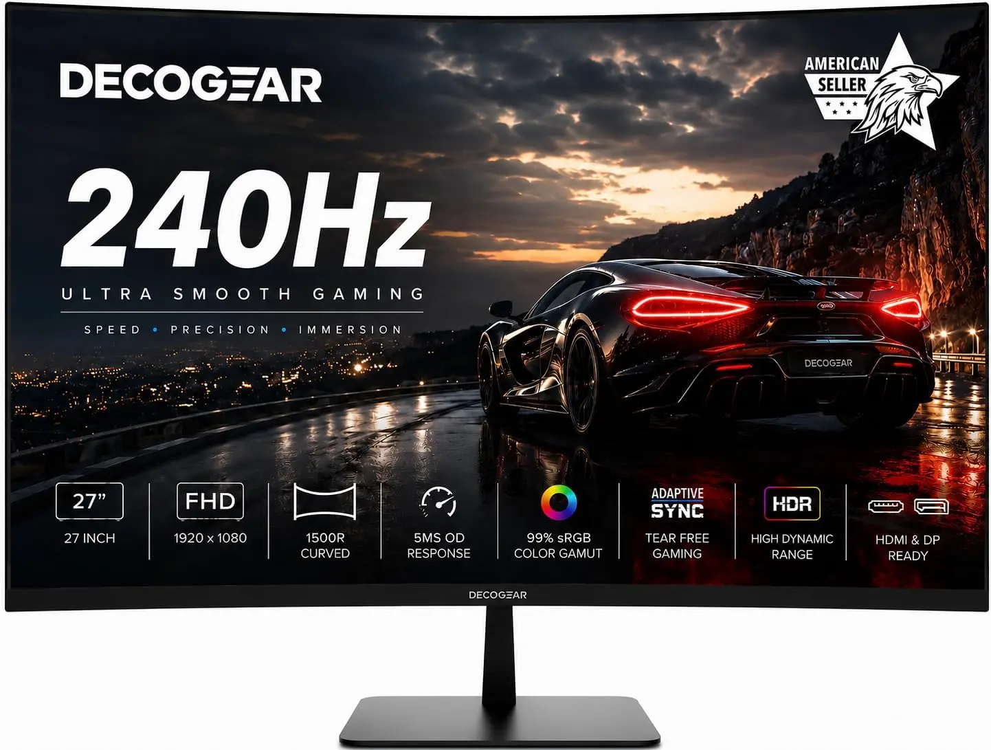 Deco Gear 27" Curved Gaming Monitor, 240Hz, 1080P FHD, HDR, Adaptive Sync, DisplayPort & HDMI, 1ms Gaming Display