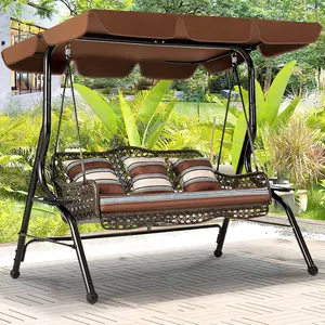 YODOLLA 3-Seat Outdoor Patio Swing Chair, Large Converting Canopy Porch Swing Glider, Hammock Lounge Chair for Porch, Rattan Wicker Steel Frame Cushion & Pillow, Brown