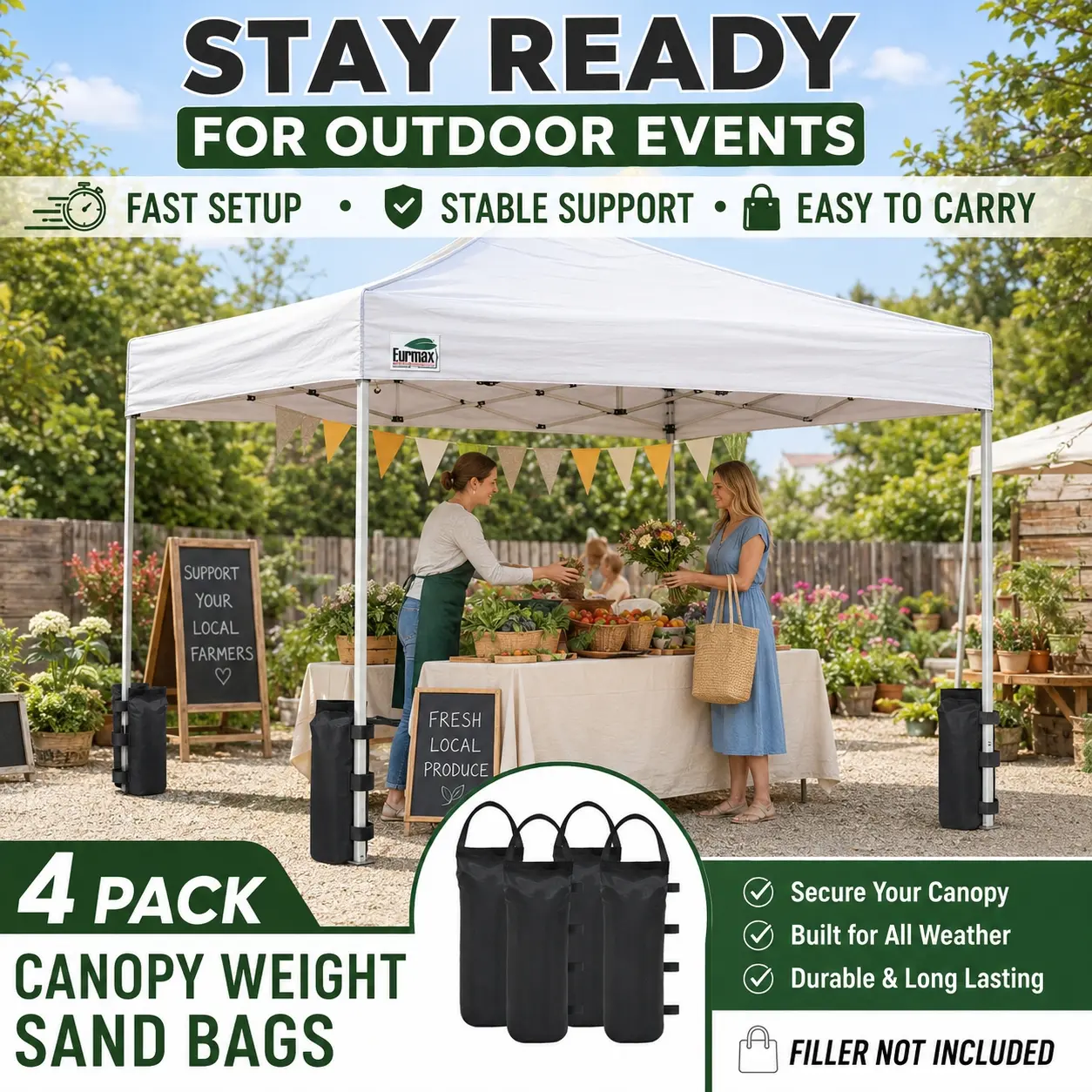 4-Pack Heavy Duty Canopy Weight Sand Bags 120LB, Stable Support, Easy Carry, Outdoor Tent Leg Weights with Nylon Handles & Hook Loop Straps, Windproof Sandbags for EZ Pop Up Canopy Gazebo Sun Shelter Camping Beach Farmers Market Events