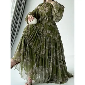 [Black Floral Maxi Dress] Elegant Black Floral Print Maxi Dress with Belt |   Women's, All Seasons, Ruffled Hemline, Floral Print