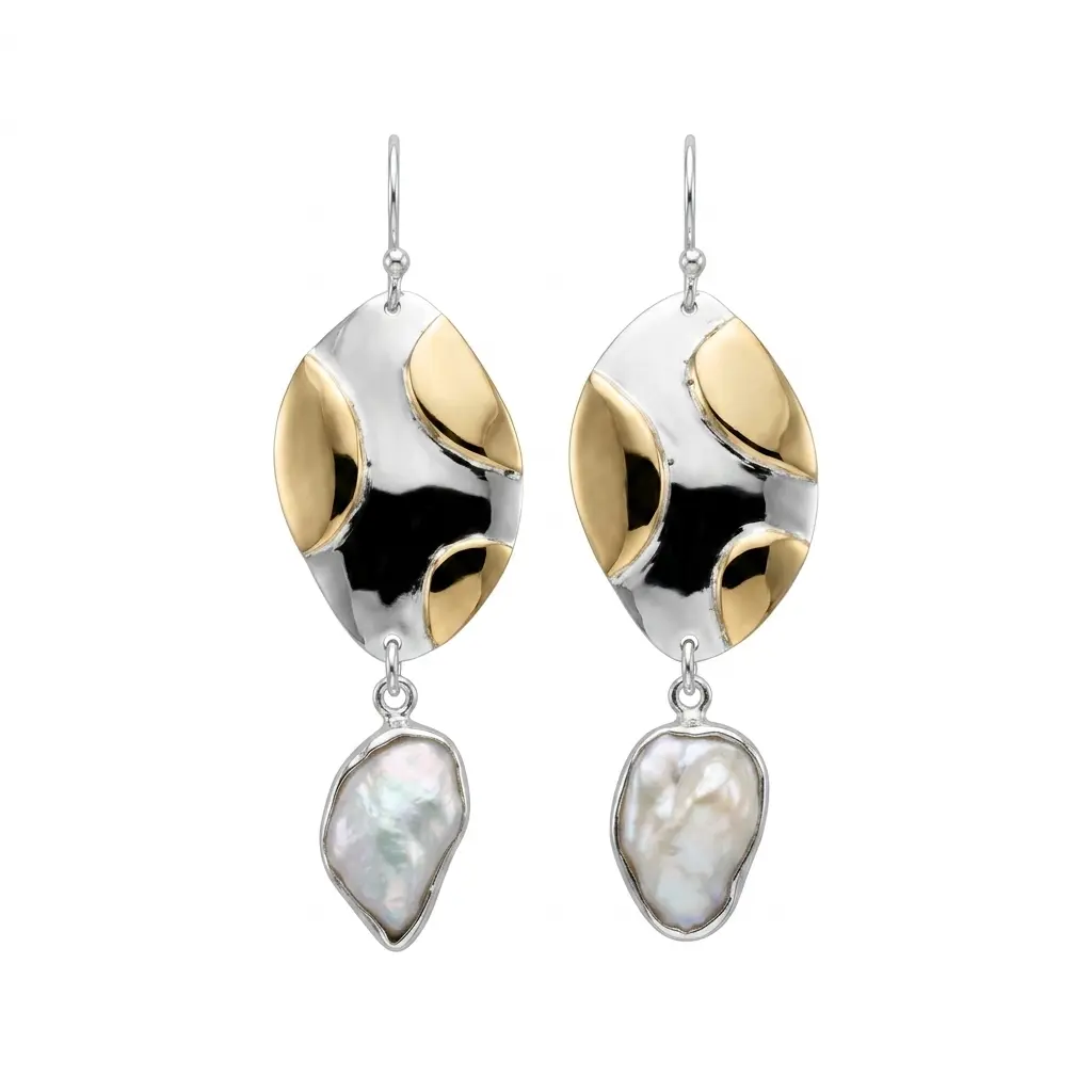 Designer Pearl Drop Earrings in Sterling Silver with Gold Accents
