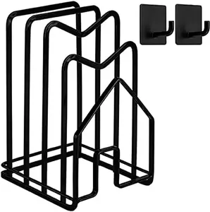 SUNFCON Cutting Board Holder Rack Pot Pan Lids Holder 2 Adhesive 304 Stainless Steel Hanging Hooks Chopping Board Organizer Thin Bakeware Tray Dry Display Stand Kitchen Countertop Cabinet Black SUNFICON