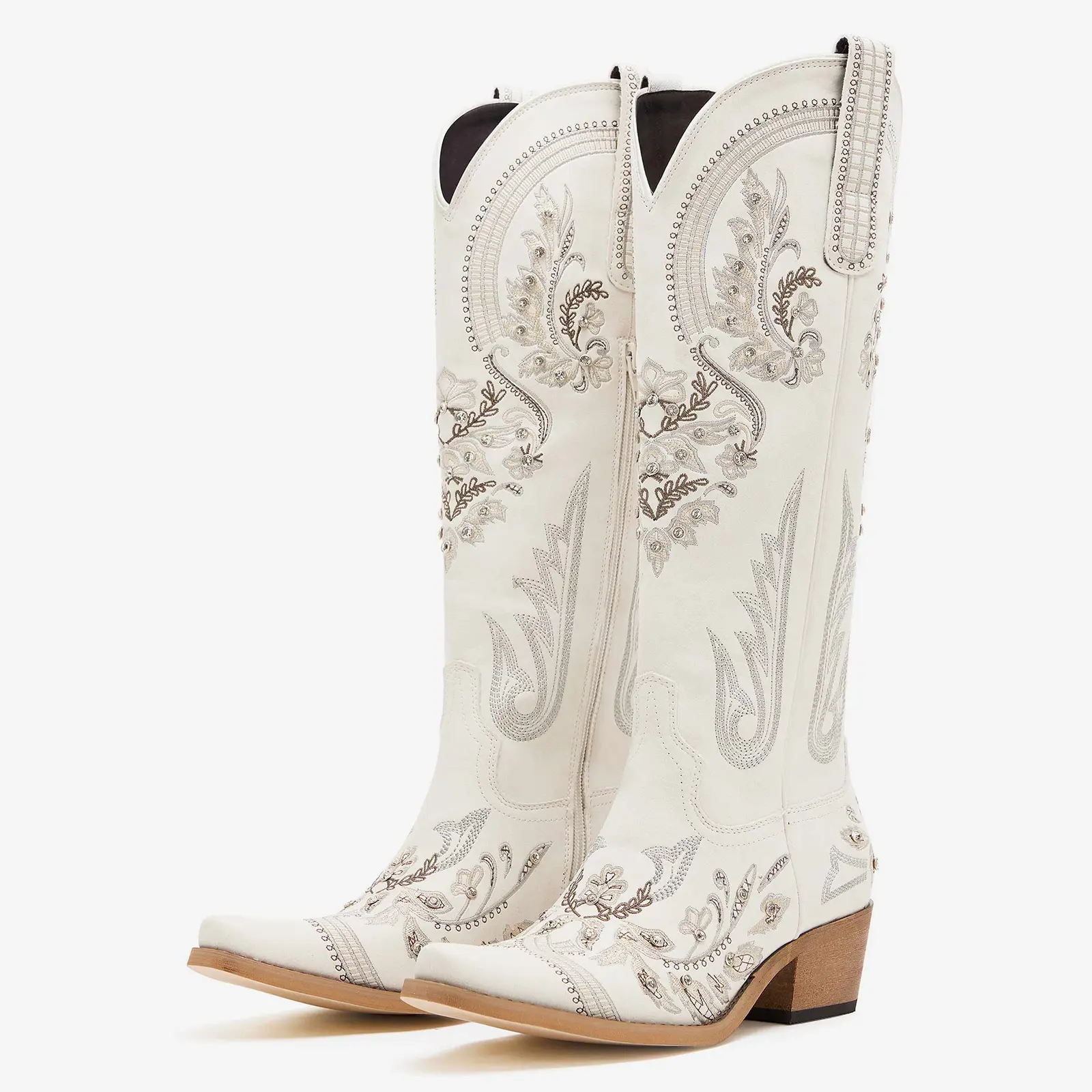 Womens Rhinestone Embroidered Wide Calf Knee High Western Cowgirl Boots Pointed Toe Chunky Heel Retro Cowboy Boots for