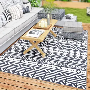 6' x 9' Reversible Blue & White Geometric Outdoor Rug, Waterproof Plastic Straw Material, with Carry Bag, Easy to Maintain & Carry, Stackable Design (for Camping, Picnics)