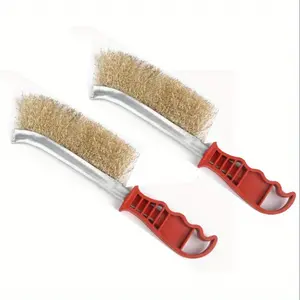 2pcs Steel Wire Brush with Handle, Stainless Steel Knife, Grill Rust Removal Brush, Industrial Copper Wire Brush, Long Handle Iron Wire Brush Steel Brush, Cleaning Supplies, Cleaning Tools, Metal Cleaning