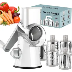 Rotary Cheese Grater Hand Crank, Kitchen Shredder Speed Mandolin Slicer Ice Shaver with Handle and Drum Blades for Cheese, Vegetable, Nuts, Chocolate, Potato, Carrot, 5 Blades, White Ourokhome