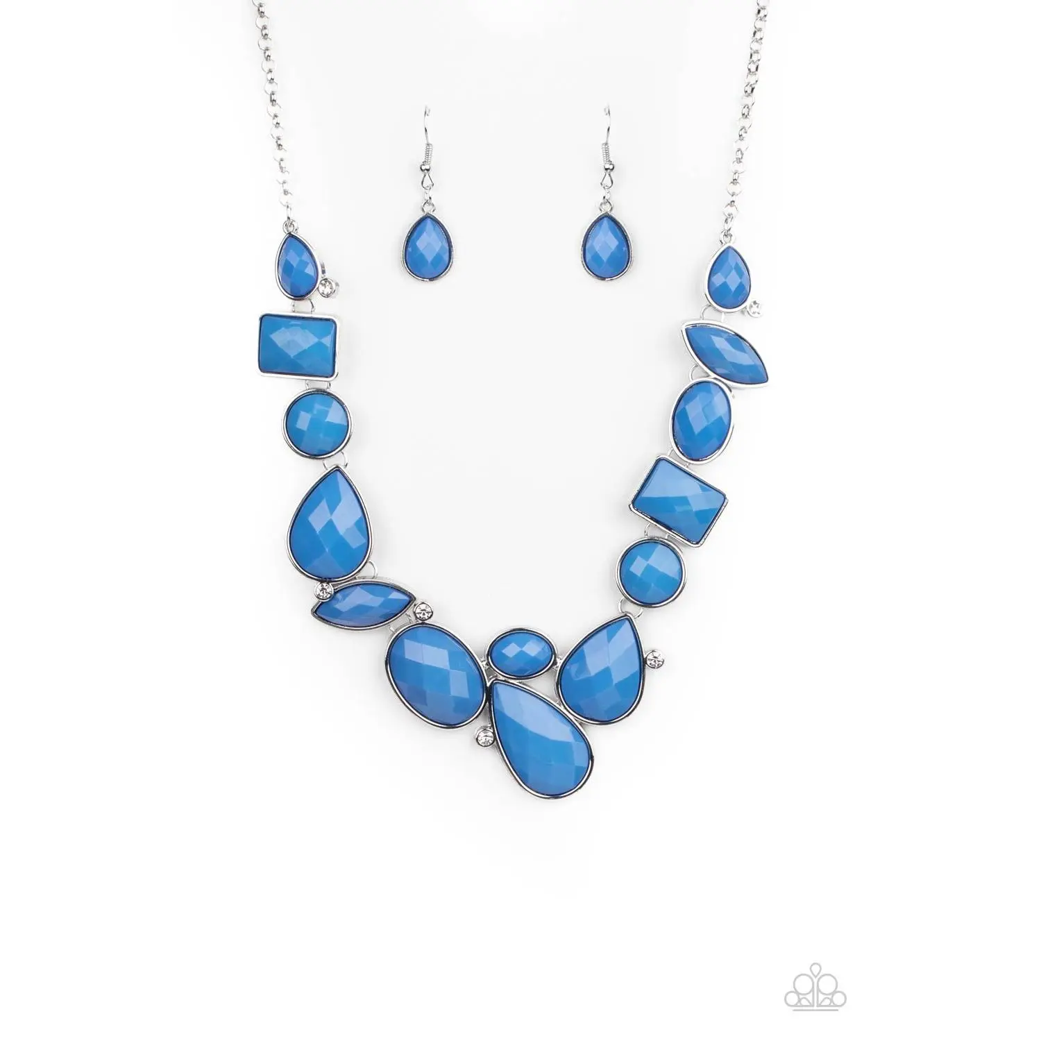 Glamorous French Blue Necklace and Earrings Set - Mismatched Beaded Frames with Rhinestone Accents, Adjustable Clasp, Teardrop Design, Refined Statement Costume Jewelry, Refinement