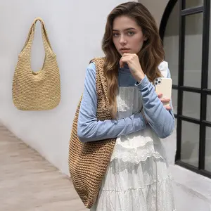 Women's Straw Shoulder Bag Handwoven Bohemian Medium Tote Bags with Top Handle for Holidays
