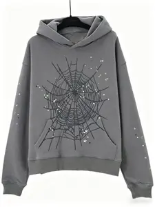 Men's Hooded Sweatshirt, Spider Web Pattern, Letter Print, Colorful Stars, Street Punk Style, Casual Fitted, Fall & Winter, Graphic Hoodie