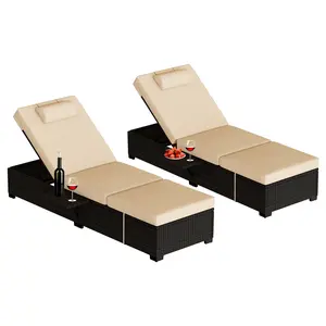 Set of 2 Outdoor Wicker Chaise Lounge Chairs Patio Recliner PE Rattan Poolside Daybed With Cushions Adjustable Backrest Removable Side Table Heavy Duty 380lbs Sun Lounger Furniture Set For Backyard Garden Beach Balcony Brown