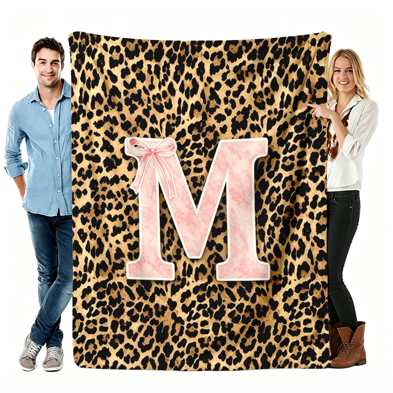Leopard Print Initial Flannel Throw Blanket, Pink Marble Letter Bow Pattern Soft Cozy Warm Nap Blanket for Couch Bedroom, Personalized A-Z Gift for Her Girlfriend, Christmas Birthday Valentine's Day Present