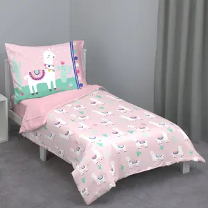 Everything Kids Pink and Mint Llama 4 Piece Toddler Bed Set - Comforter, Fitted Bottom Sheet, Flat Top Sheet, Reversible Pillowcase