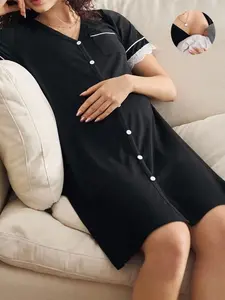 Maternity Sleepwear 3 Piece Set Short Sleeve Lace Trim V Neck Button Up Nightgown Women's Pajama Dress Loose Fit Summer Casual Knitted Fabric Black