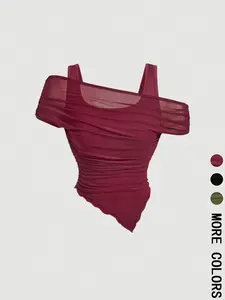 1 Spring Summer Off Shoulder Mesh Crop Top Women | Burgundy Sleeveless Ruched Asymmetric Top with Lining | Y2K Baddie Coquette Style for Date Night Club Party Wear Womenswear