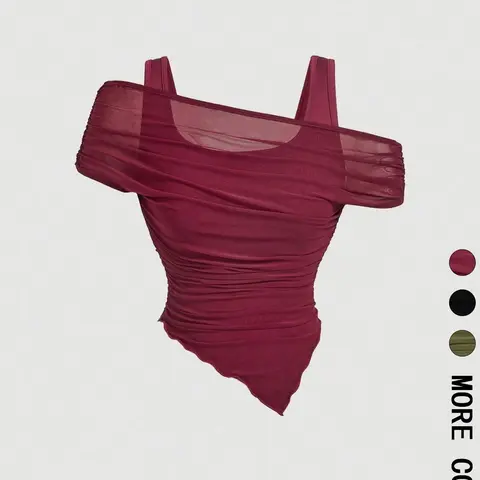 1 Spring Summer Off Shoulder Mesh Crop Top Women | Burgundy Sleeveless Ruched Asymmetric Hem Top with Lining | Y2K Baddie Coquette Casual Style for Date Night Club Party Wear Womenswear Bodycon Fitted Top