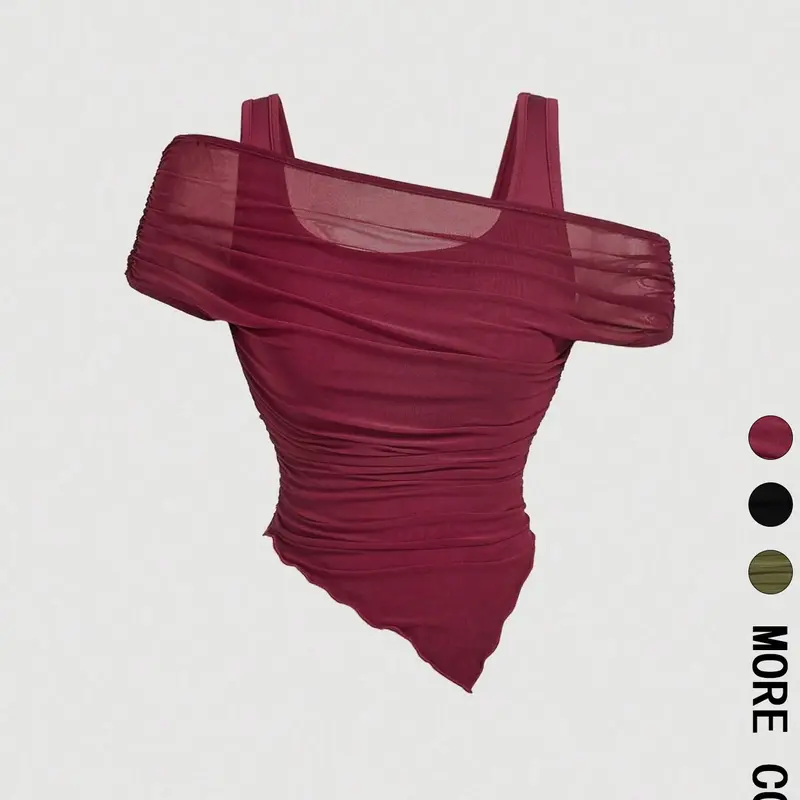 1 Spring Summer Off Shoulder Mesh Crop Top Women | Burgundy Sleeveless Ruched Asymmetric Hem Top with Lining | Y2K Baddie Coquette Casual Style for Date Night Club Party Wear Womenswear Bodycon Fitted Top