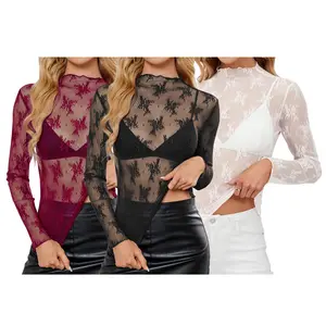 3PCS Lace Mesh Top - Burgundy Floral Long Sleeve Fitted Mock Neck See-Through Blouse for Y2K Club, Day Party & First Date Outfits | January Outfit Inspo