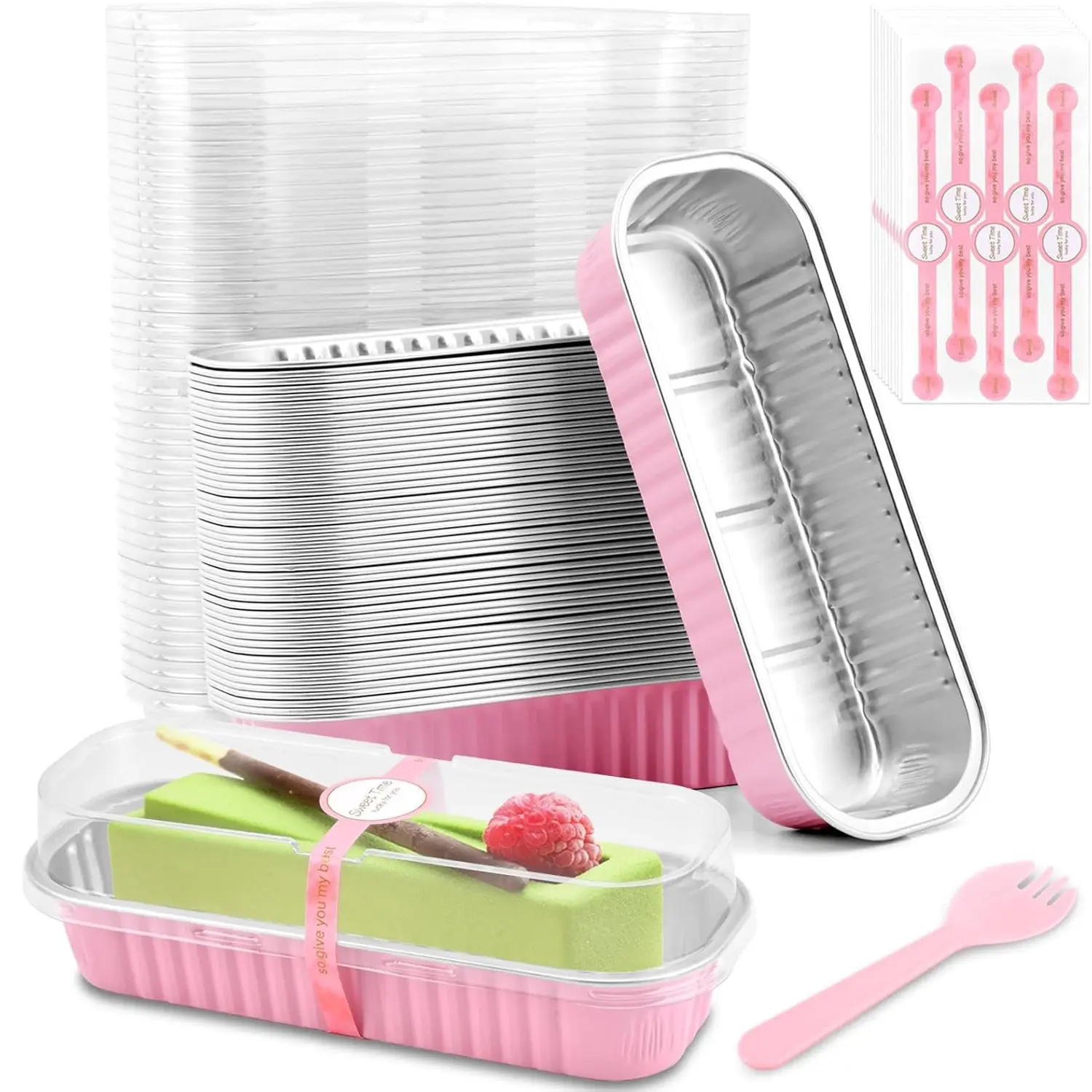 Disposable Reusable Sturdy Portable Transparent Mini Rectangular Aluminum Foil Cookware Set - Cake Pans, Loaf Containers, Lidded Food Containers, Sporks for Home Kitchen Convenience