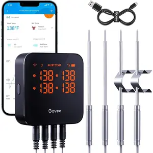 Wireless meat thermometer with 4 probe smart wifi meat thermometer with unlimited range app notification alert digital rechargeable bluetooth food thermometer for smoker bbq grill oven kitchen